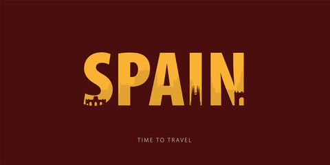 Spain. Travel bunner with silhouettes of sights. Time to travel. Vector illustration