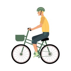 Naklejka premium Young man riding urban bike with basket isolated on white background. Summer activity concept - cartoon male character with blonde hair in helmet cycling, vector illustration.