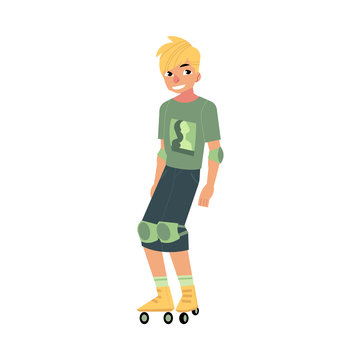 Roller skating young man with sports protection isolated on white background - summer active recreation concept. Cartoon male character with blonde hair roller blading, vector illustration.
