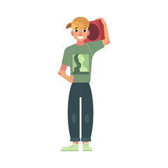Young man with boombox isolated on white background - summertime rest concept design. Cartoon male character with blonde hair in cap listening to music. Vector illustration