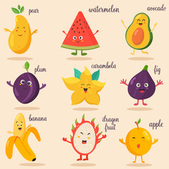 Big bright set of funny cartoon fruits