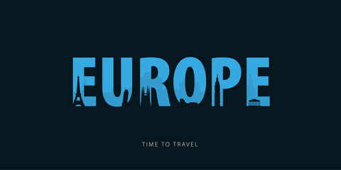 Europe. Travel bunner with silhouettes of sights. Time to travel. Vector illustration