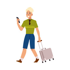 Young man in summer clothing with silver travel suitcase, plastic bag holding smartphone looking at screen smiling. Happy male character, traveller, tourist going to vacation. Vector illustration