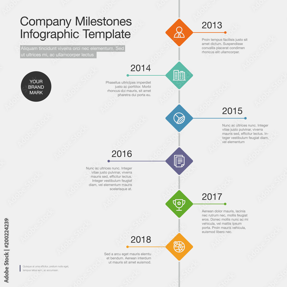 Poster vector infographic for company milestones timeline template with colorful rhombus and line icons iso