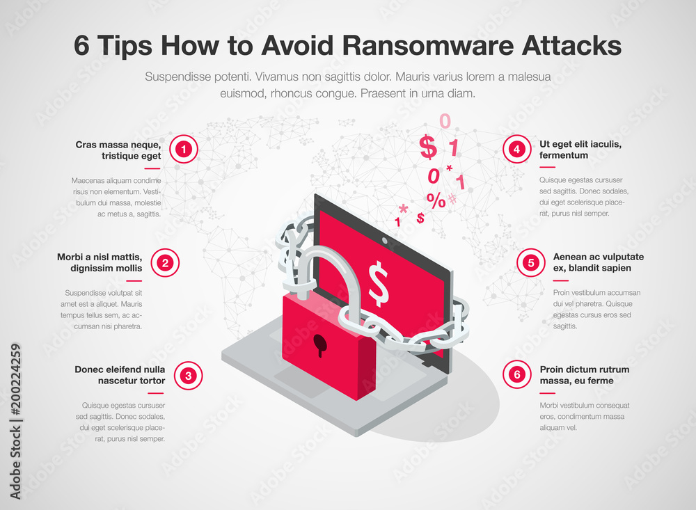 Poster simple vector infographic for 6 tips how to avoid ransomware attacks with laptop, red padlock and ch