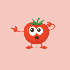 Illustration of cute surprised tomato mascot pointing to the left isolated on light background. Flat design style for your mascot branding.