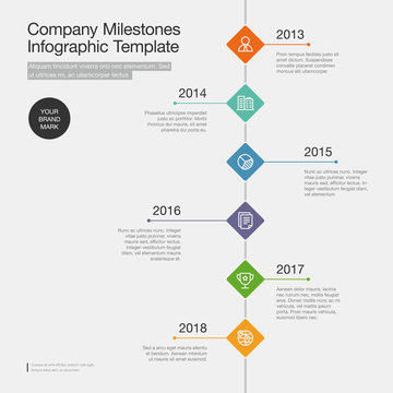 Vector infographic for company milestones timeline template with colorful rhombus and line icons isolated on light background. Easy to use for your website or presentation.