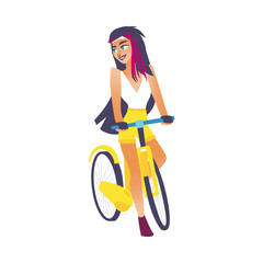 Fototapeta na wymiar Cycling young girl with long hair isolated on white background. Cartoon colorful vector illustration of woman with bicycle for summer activity concept design.