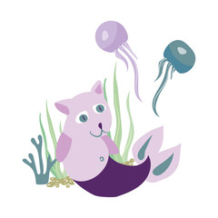 Cat princess mermaid. Funny kitty with mermaid's tale isolated on white. Cute hand drawn design. Flat illustration