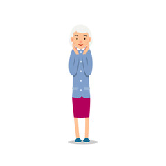 Old woman. Elderly woman stand raising his arms up and holding his head. Illustration isolated on white background in flat style. Full length portrait of old ladie, senior or grandmother