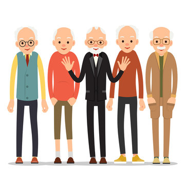 Old man. Older man character in various poses. Man in suit, shirt and tie. Set cartoon illustration isolated on white background in flat style