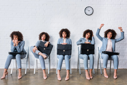 Collage with female candidate with briefcase waiting for interview with different emotions