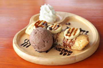 crepe with banana and chocolate ice cream