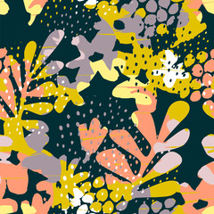 Abstract floral seamless pattern with trendy hand drawn textures.