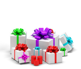 3d realistic set of colorful gift boxes with bows and ribbons.