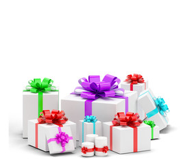3d realistic set of colorful gift boxes with bows and ribbons.