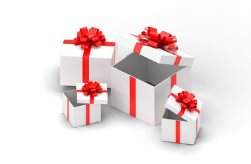 3d realistic set of colorful gift boxes with bows and ribbons.