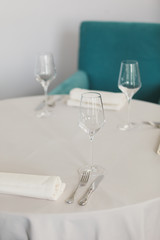 Empty glasses set in restaurant. Beautiful table set