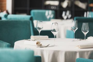 Empty glasses set in restaurant. Beautiful table set