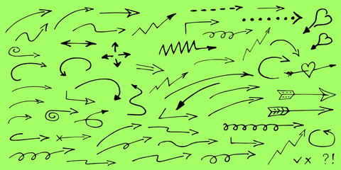 Set of hand drawn arrows curved. Sketch doodle style vector. Collection of pointers.
