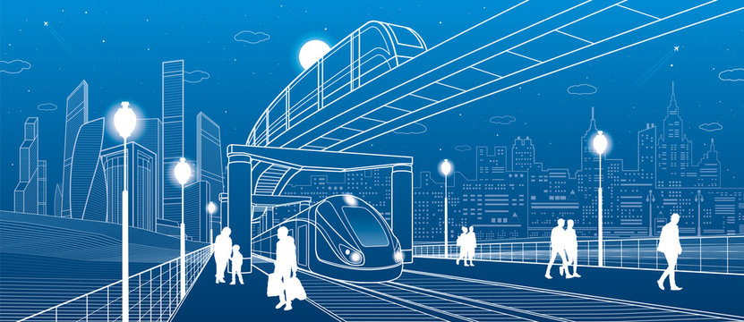 Infrastructure and transport panorama. Monorail railway. People walking. Train move. Illuminated platform. Modern night city. Towers and skyscrapers. White lines on blue background. Vector design art