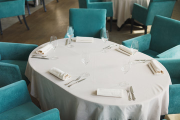 Empty glasses set in restaurant. Beautiful table set