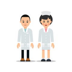 Doctor man and woman. Cartoon male and female doctor stands with downcast hands. Cartoon illustration isolated on white background. Full length portrait of doctor woman, nurse or medical assistant