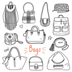 Set of hand drawn women accessories. Bags. Fashion collection. Black and white doodle illustration.