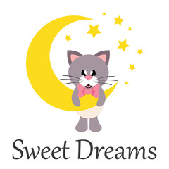 cartoon cute cat with tie on a moon witn text