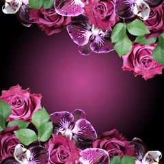 Beautiful floral background of purple roses and orchids 