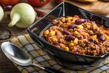 Chili con carne in a bowl.