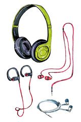 Set of different stylized watercolor headphones