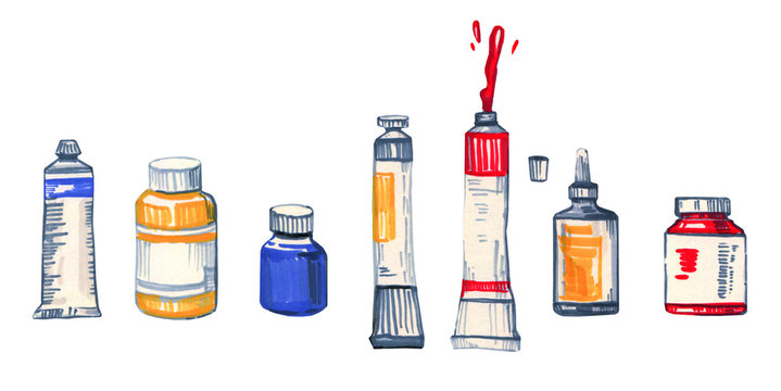 Tubes and jars of paint - hand drawn cartoon sketch
