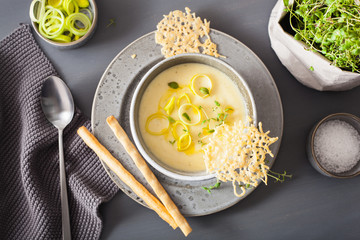 creamy potato and leek soup in bowl