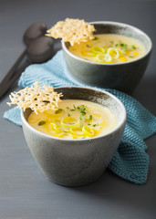 creamy potato and leek soup in bowl