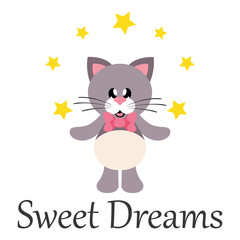 cartoon cute cat with tie and stars with text