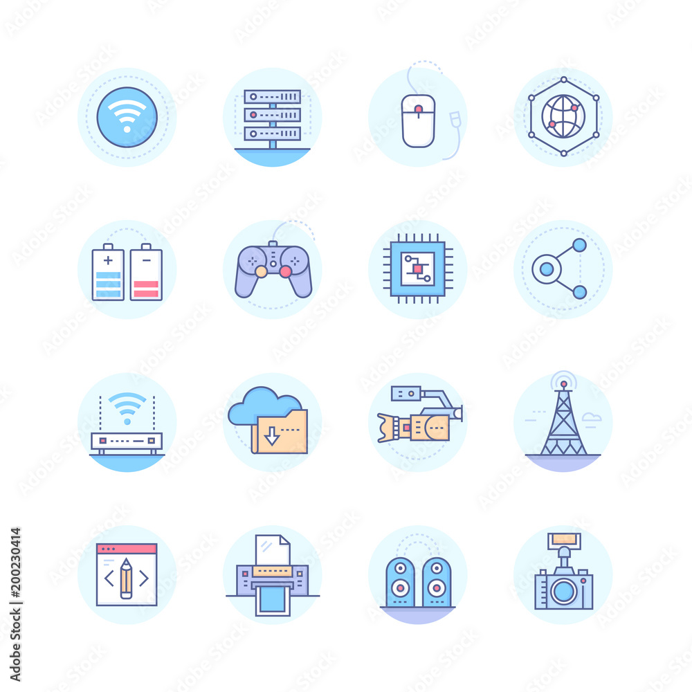 Poster modern technology - vector line design style icons set