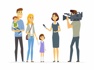 TV presenter interviewing young family - cartoon people character isolated illustration