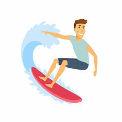 Surfer riding the wave - cartoon people character isolated illustration