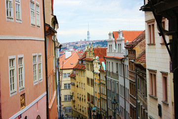 Fototapeta na wymiar View to red tile roofs of Prague city in Czech republic.