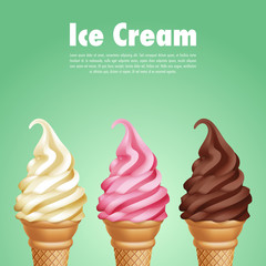 Set of realistic ice cream cones on green background. Vector Illustration