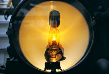 Vintage headlight of old train - spot light isolated.