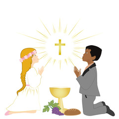 Multiracial kids receives Eucharist on First Holy Communion ceremony.