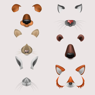 Vector realistic animals faces video chat, photo effects, selfie filters set