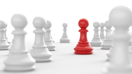 Leadership concept, red pawn of chess, standing out from the crowd of white pawns, on white background. 3D rendering.