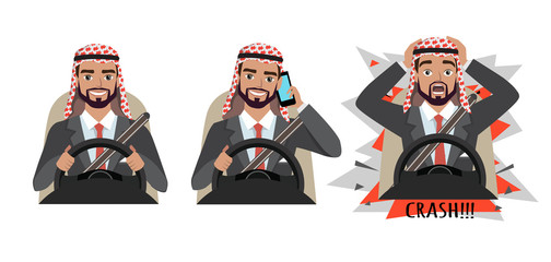 Arab businessman driving a car. man driving a car talking on the phone. The man had an accident. crash