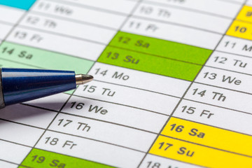 Closeup of dates on calendar page