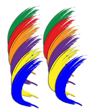 ilustraci&oacute;n de brochazos de pintura formando plumas de colores verde, naranja, rojo, purpura, amarillo y azul en un fondo blanco