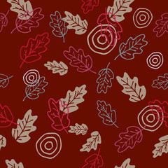 Vector seamless pattern of oak leaves on burgundy background. For fabric, cloth design, wallpaper, printing
