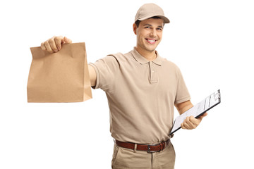 Delivery guy holding a paper bag and a clipboard